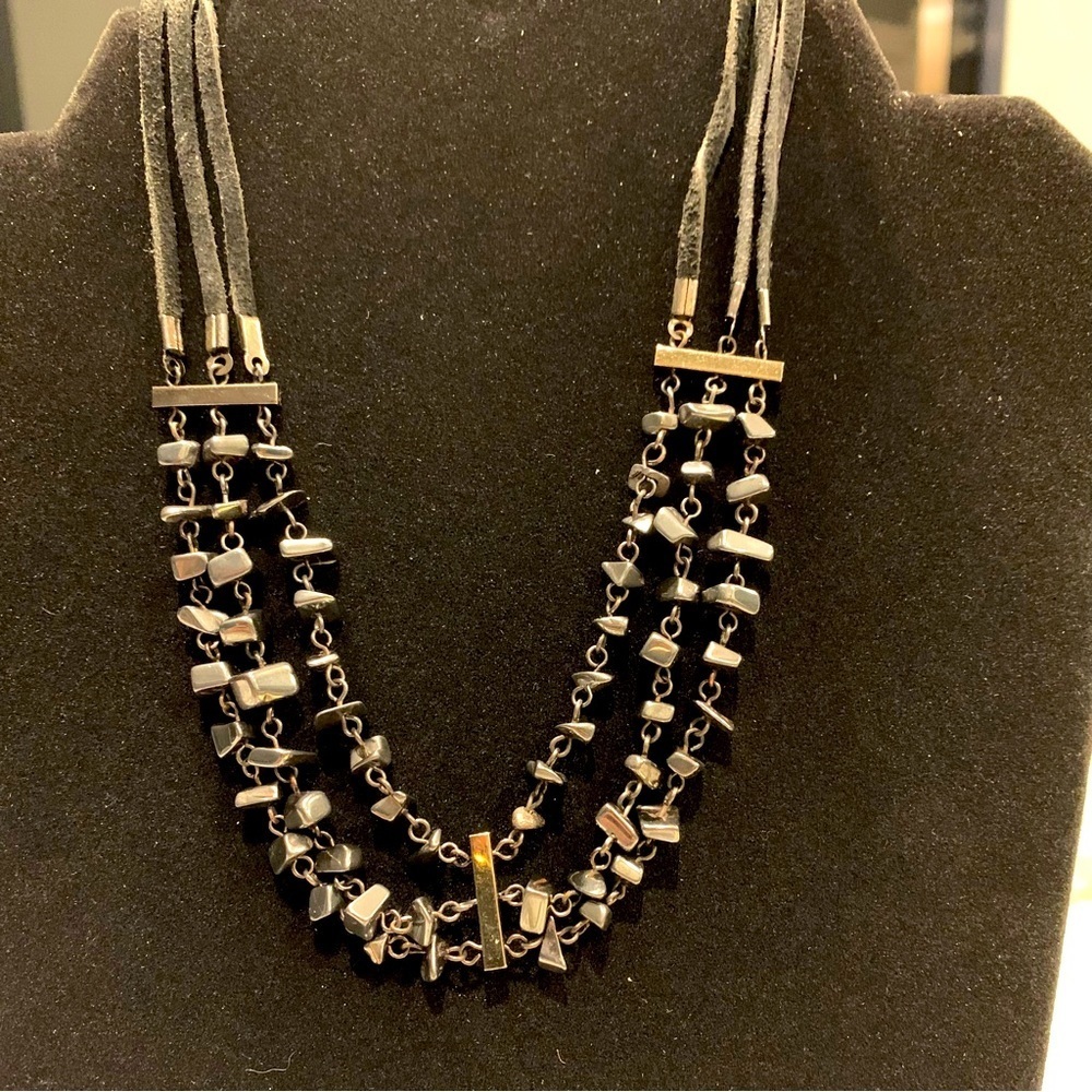 Triple strand leather and chain beaded choker necklace with extender